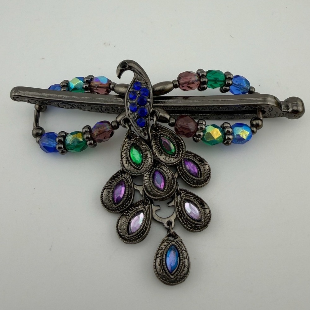 Lilla Rose Flexi Clip Peacock Hair Slide Gunmetal Blue Green Purple Beads Small